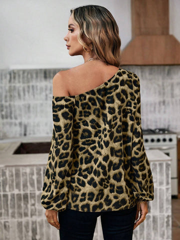 LUNE Leopard Print Asymmetrical Neck Lantern Sleeve Blouse shein