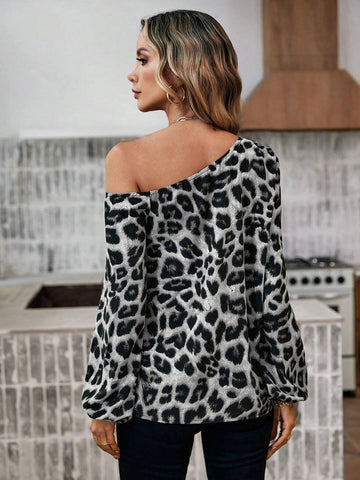 LUNE Leopard Print Asymmetrical Neck Lantern Sleeve Blouse shein