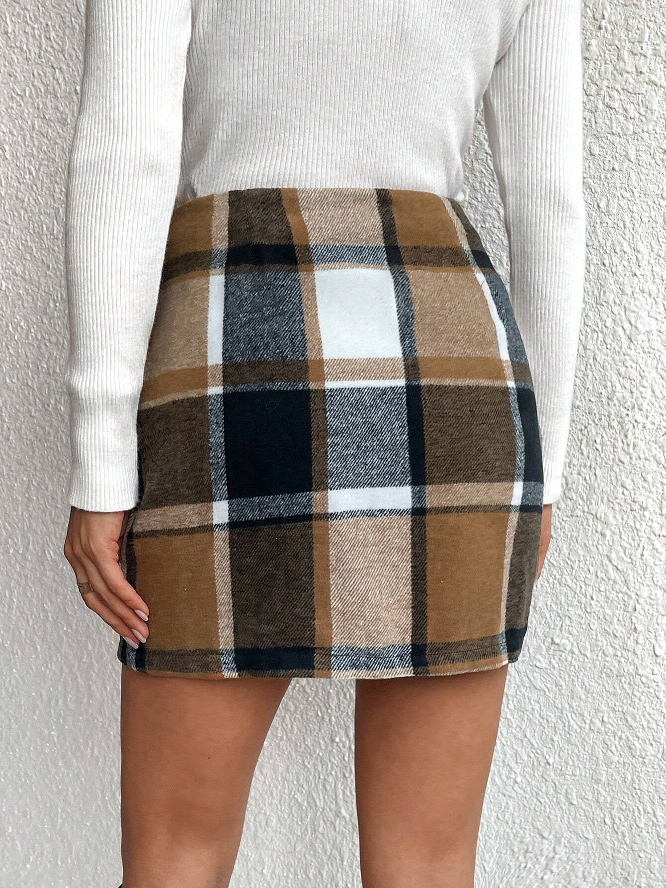 LUNE Plaid Print Skirt shein