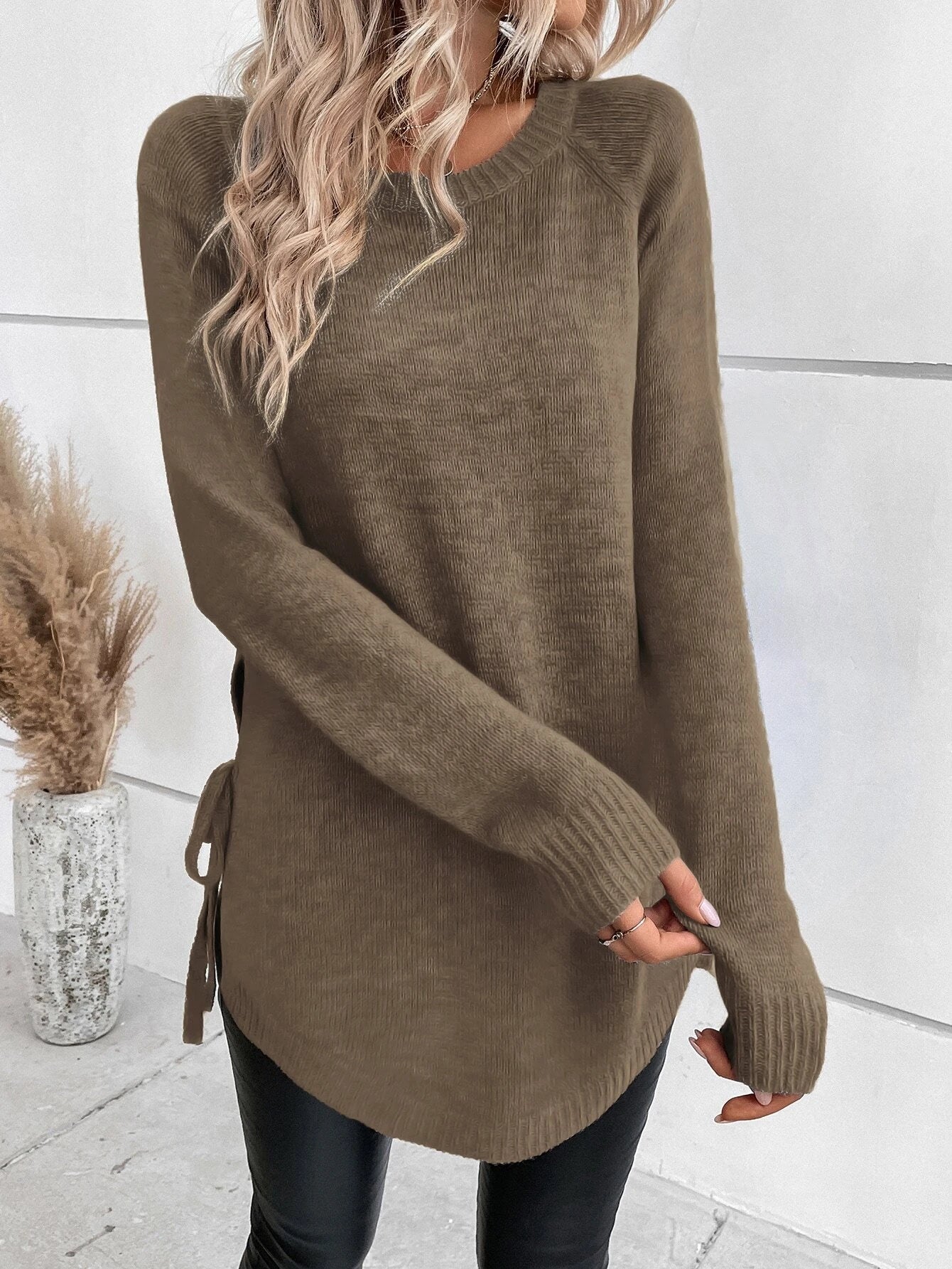 LUNE Raglan Sleeve Knot Side Sweater shein