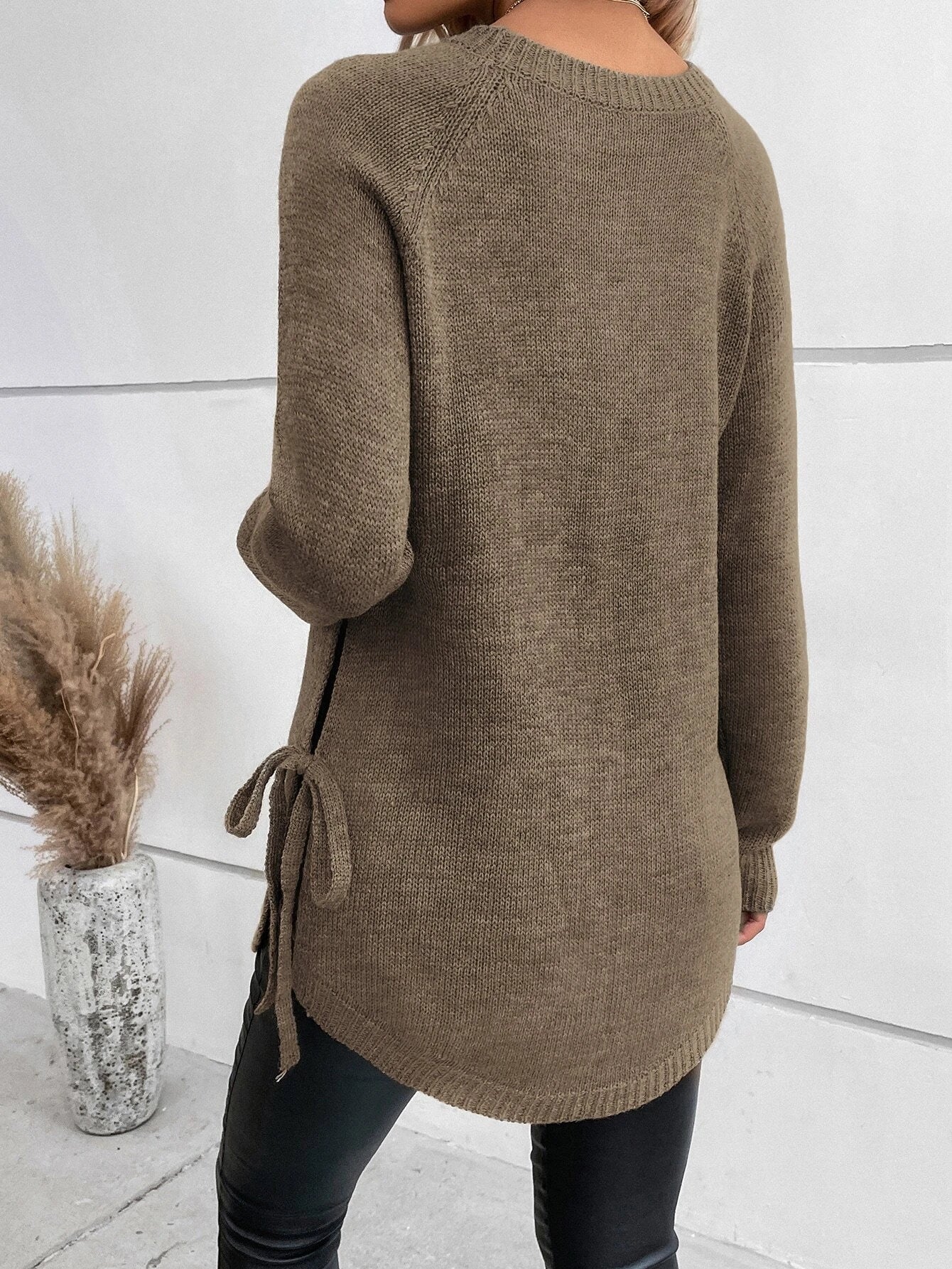 LUNE Raglan Sleeve Knot Side Sweater shein