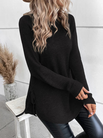 LUNE Raglan Sleeve Knot Side Sweater shein