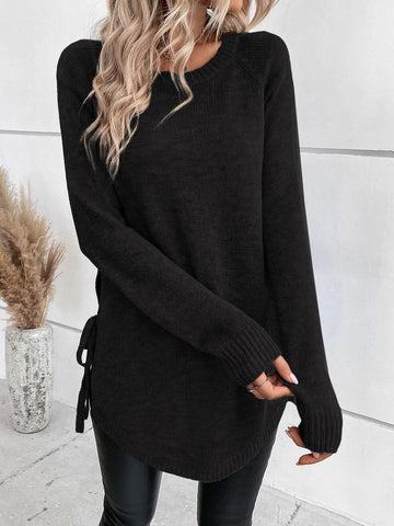 LUNE Raglan Sleeve Knot Side Sweater shein