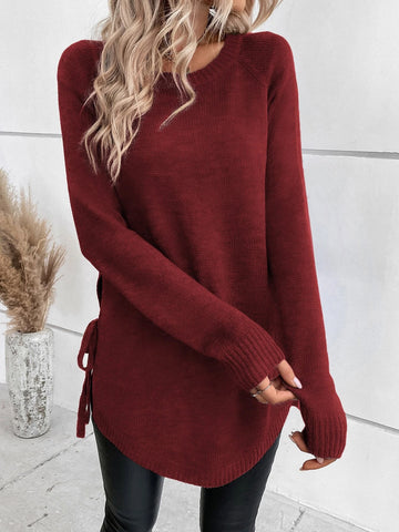 LUNE Raglan Sleeve Knot Side Sweater shein