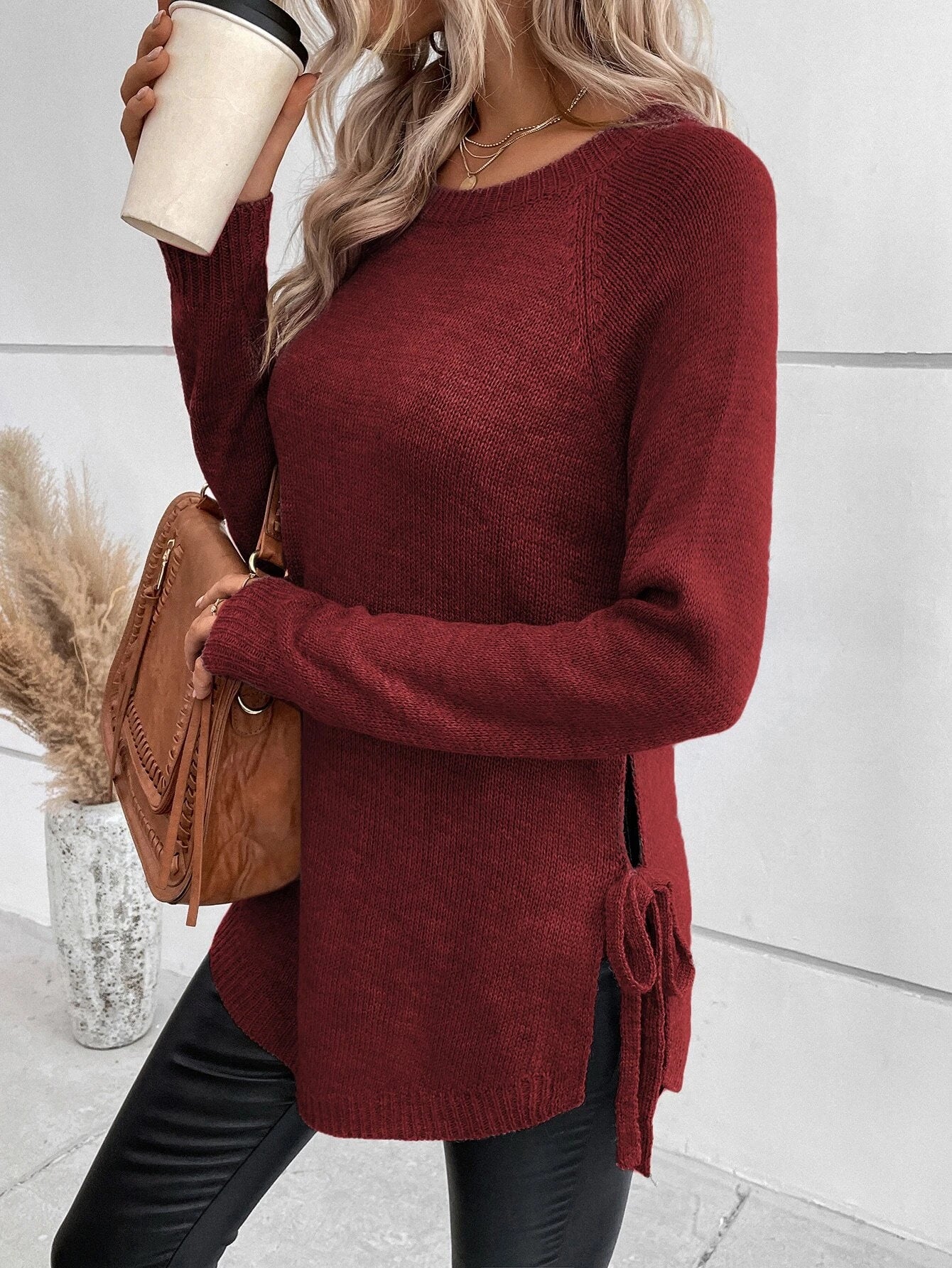 LUNE Raglan Sleeve Knot Side Sweater shein