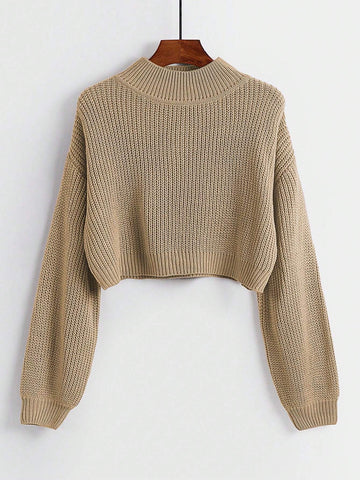 LUNE Solid Ribbed Knit Drop Shoulder Sweater shein