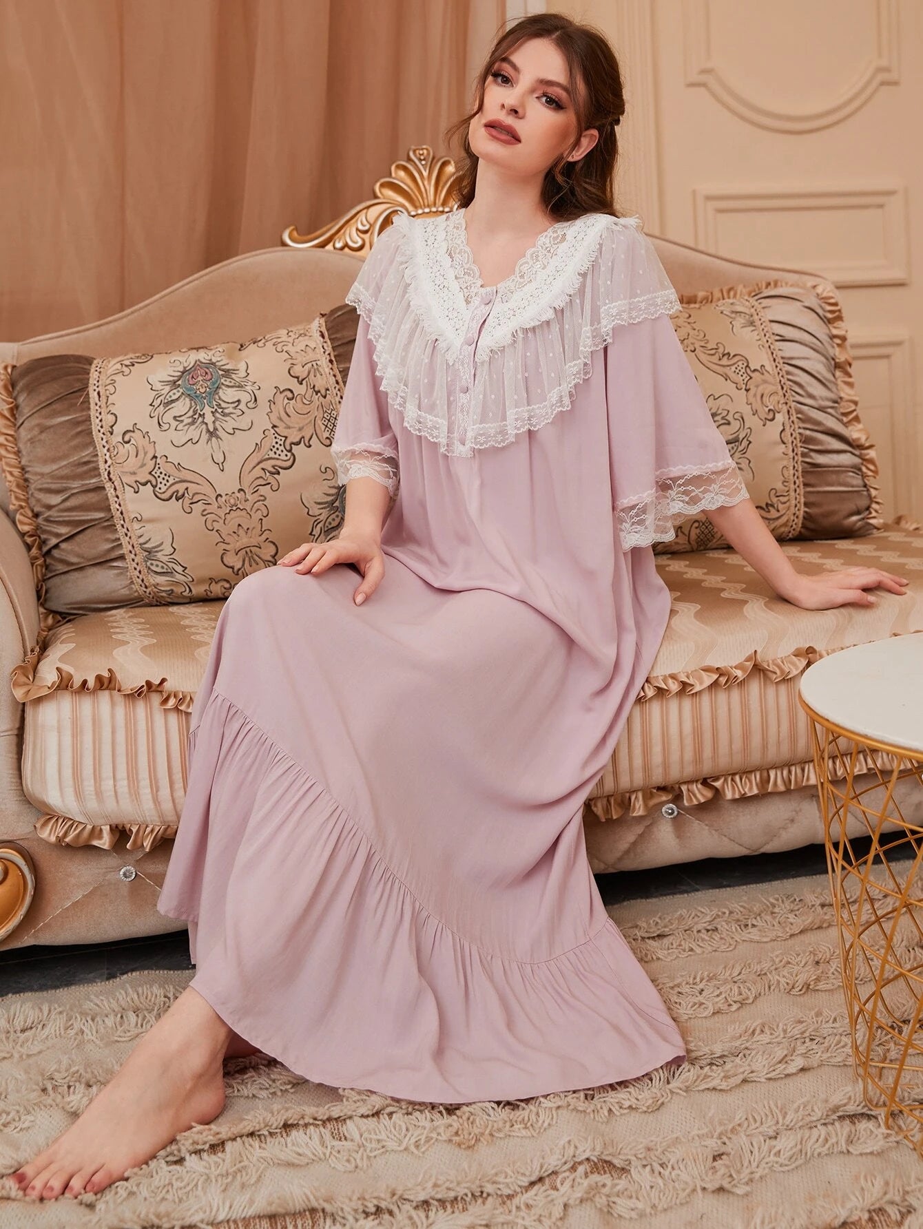 Lace Trim Button Front Ruffle Hem Sleep Dress shein