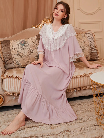 Lace Trim Button Front Ruffle Hem Sleep Dress shein