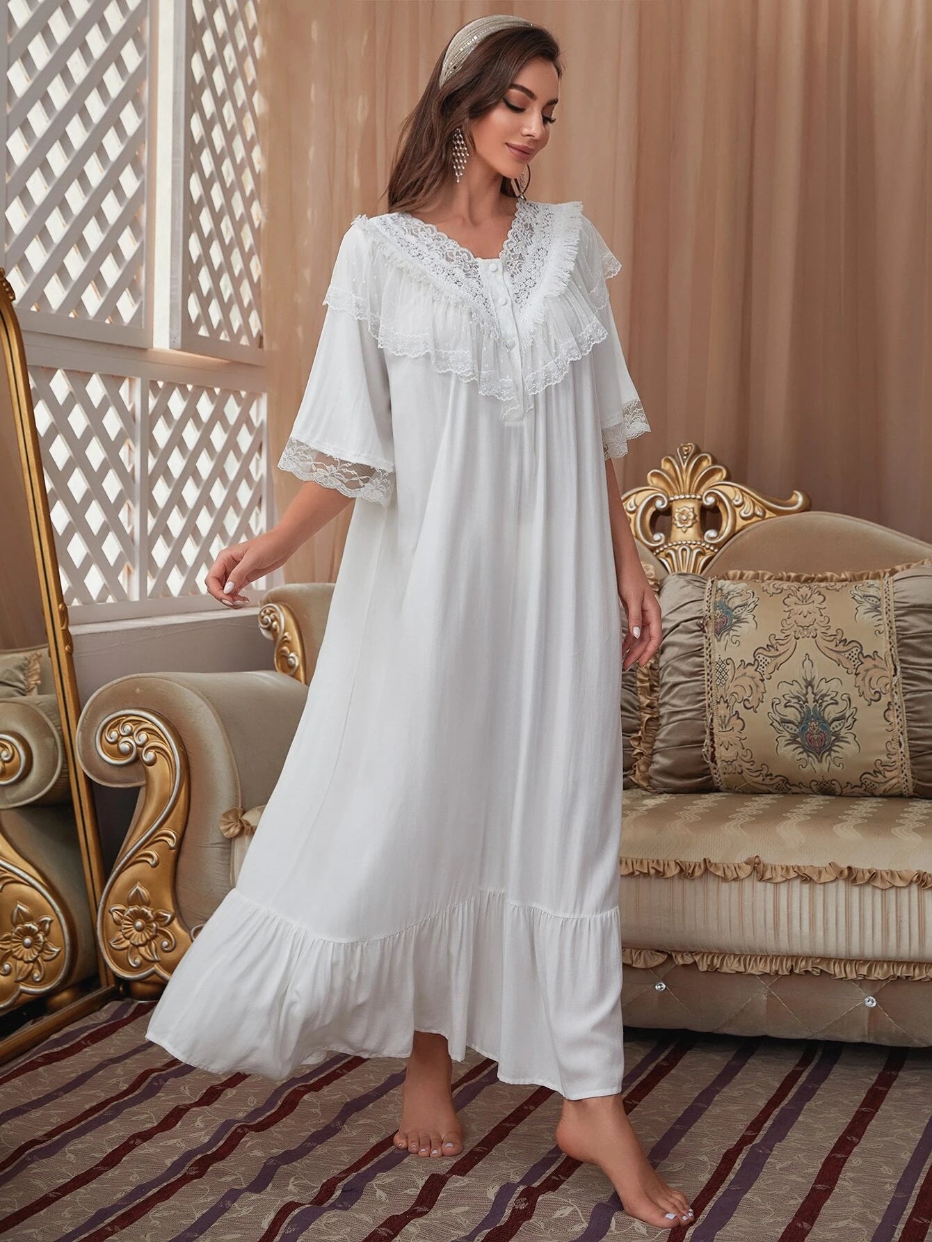 Lace Trim Button Front Ruffle Hem Sleep Dress shein
