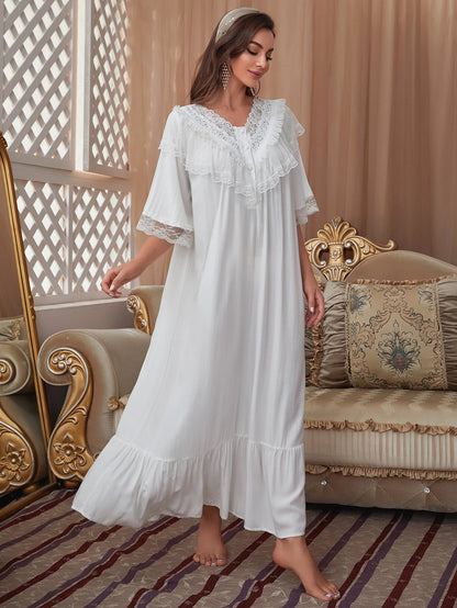 Lace Trim Button Front Ruffle Hem Sleep Dress shein