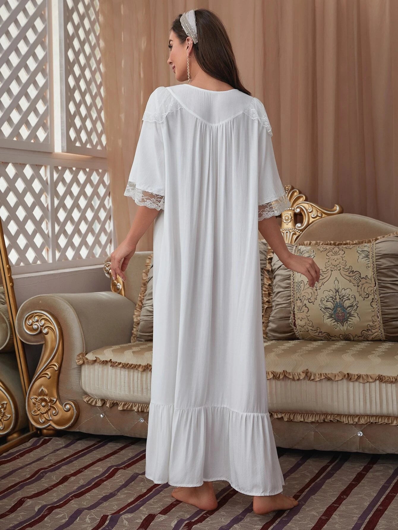 Lace Trim Button Front Ruffle Hem Sleep Dress shein