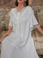 Lace Trim Button Front Ruffle Hem Sleep Dress shein