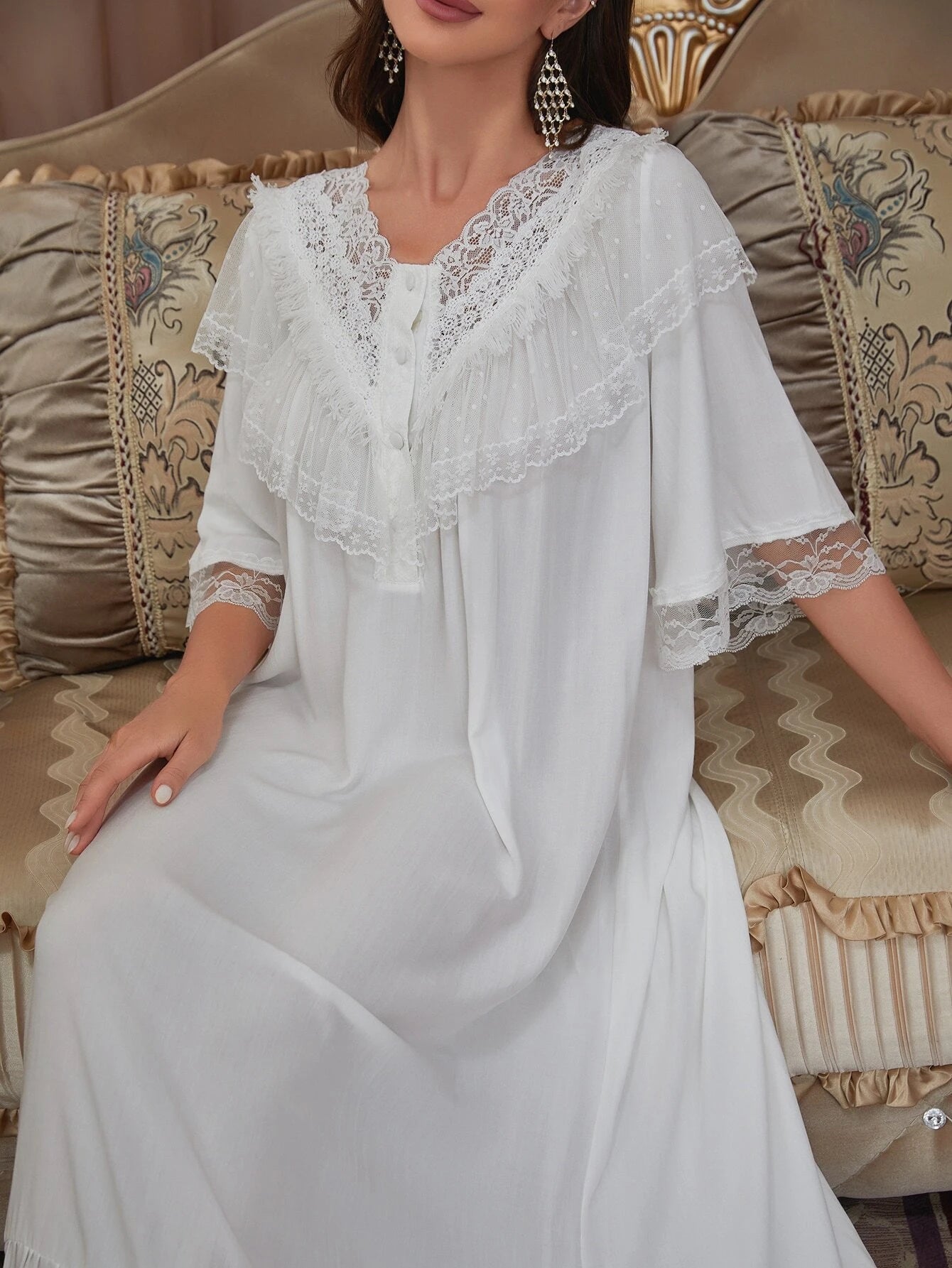 Lace Trim Button Front Ruffle Hem Sleep Dress shein