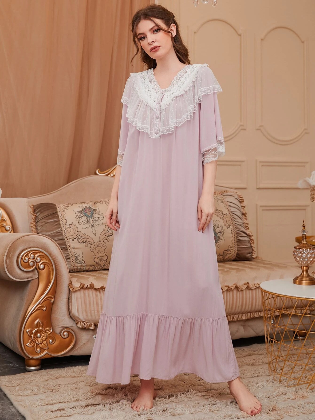 Lace Trim Button Front Ruffle Hem Sleep Dress shein