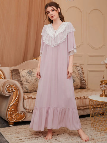 Lace Trim Button Front Ruffle Hem Sleep Dress shein