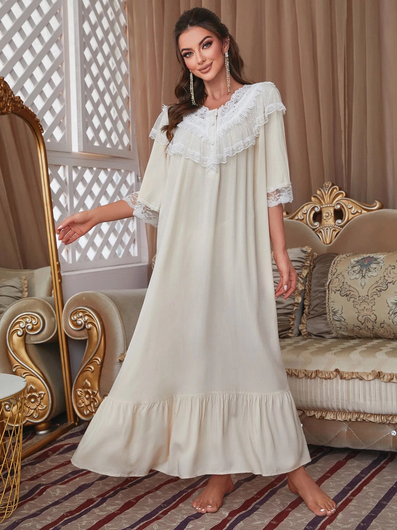 Lace Trim Button Front Ruffle Hem Sleep Dress shein