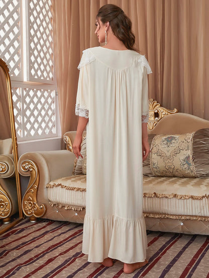 Lace Trim Button Front Ruffle Hem Sleep Dress shein