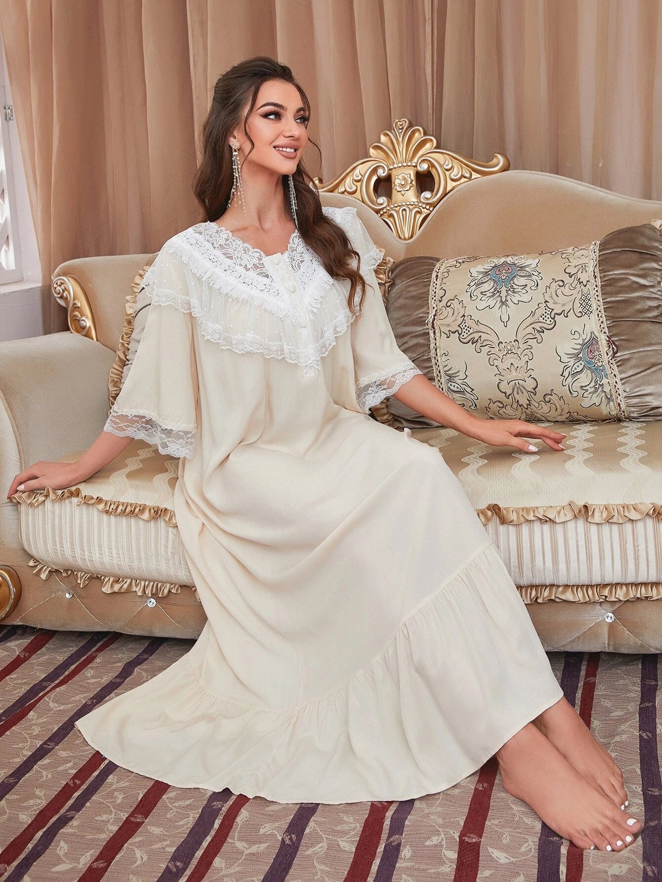 Lace Trim Button Front Ruffle Hem Sleep Dress shein