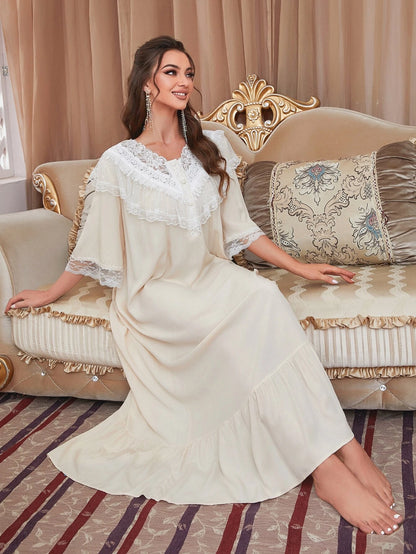 Lace Trim Button Front Ruffle Hem Sleep Dress shein