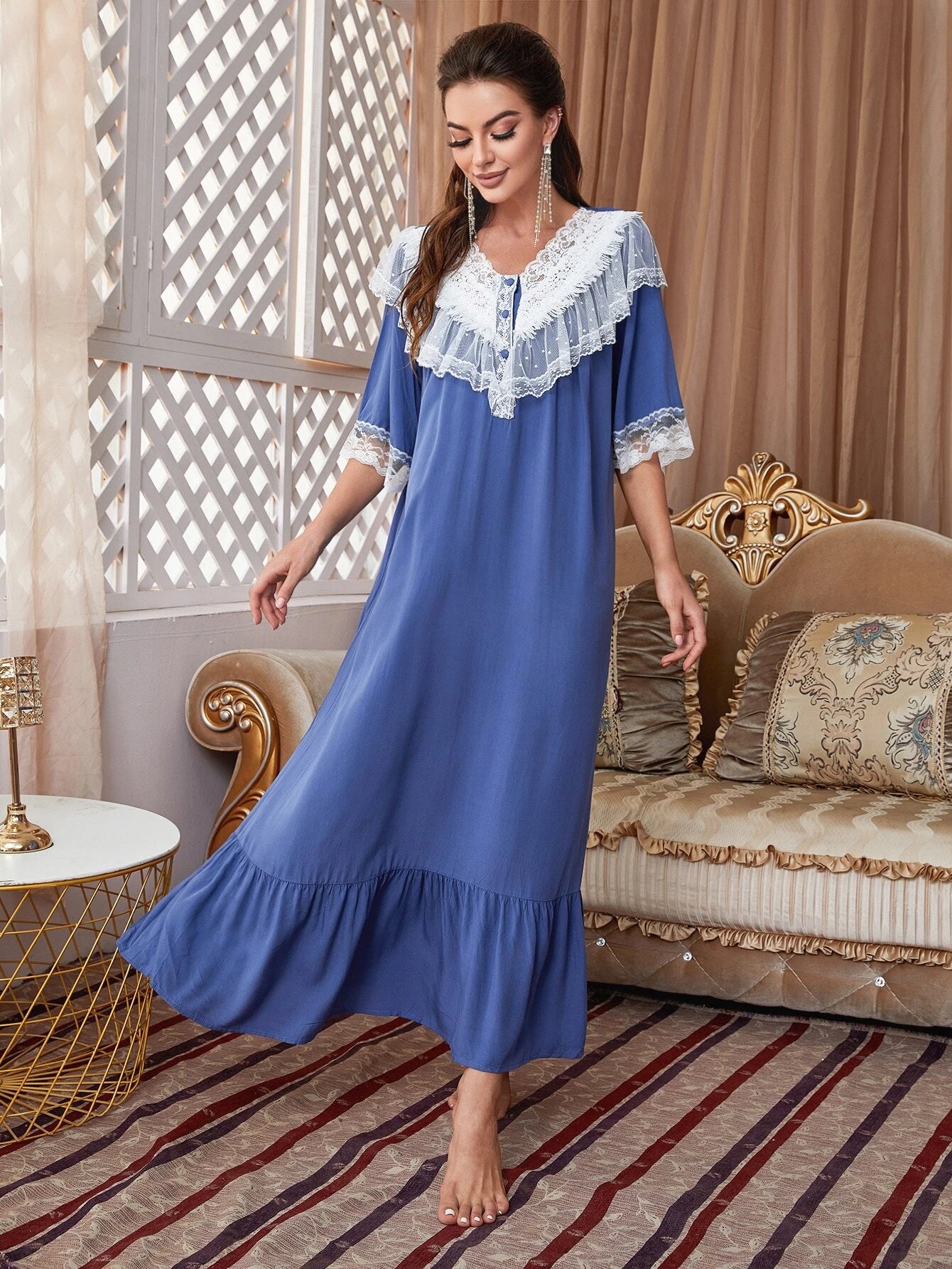 Lace Trim Button Front Ruffle Hem Sleep Dress shein