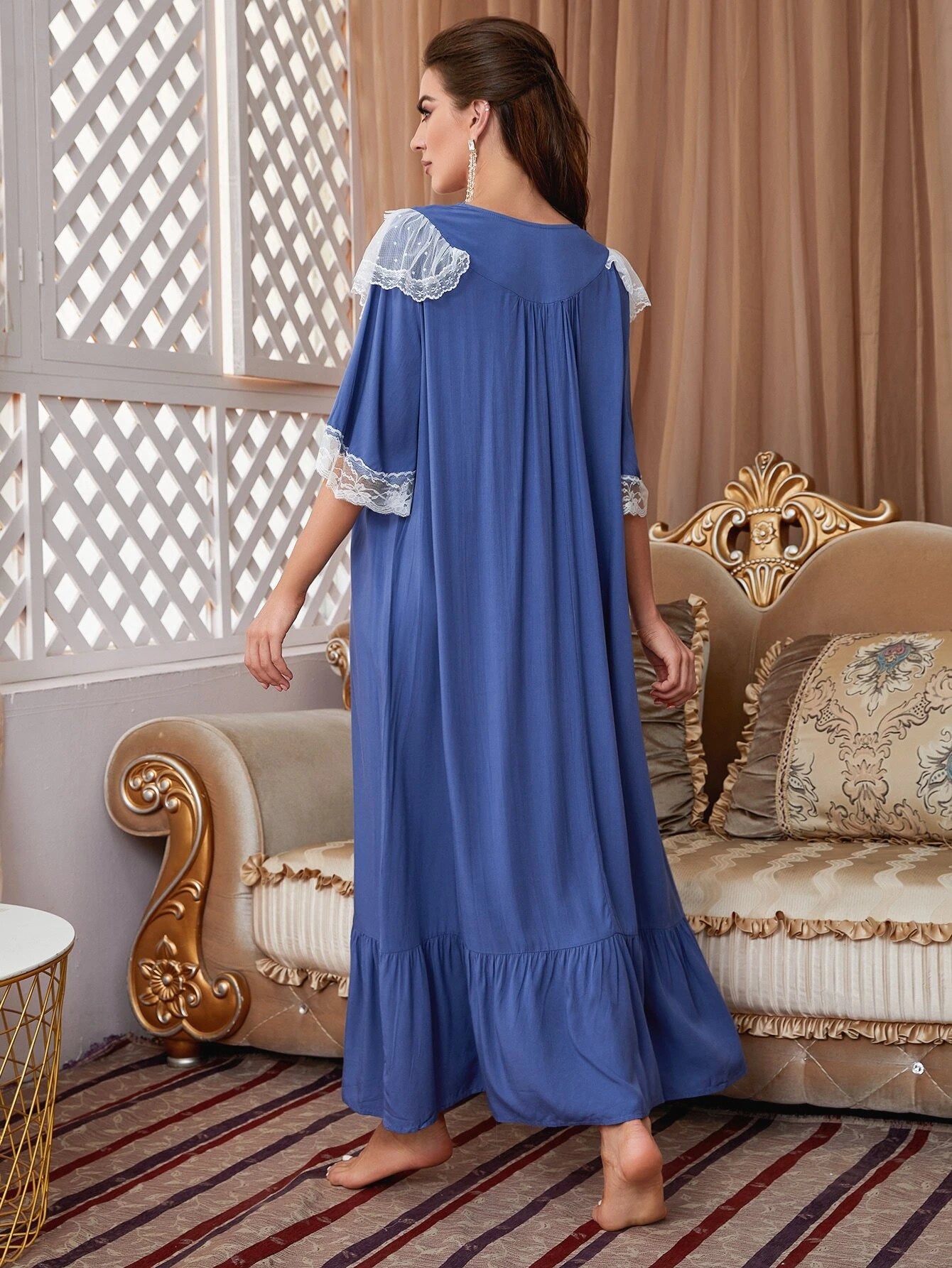 Lace Trim Button Front Ruffle Hem Sleep Dress shein