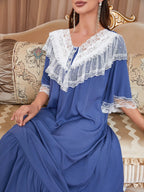 Lace Trim Button Front Ruffle Hem Sleep Dress shein