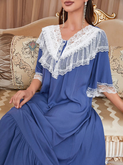 Lace Trim Button Front Ruffle Hem Sleep Dress shein