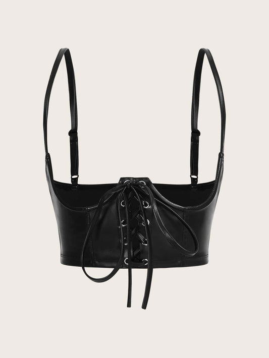 Lace Up Front PU Leather Corset Without Blouse shein