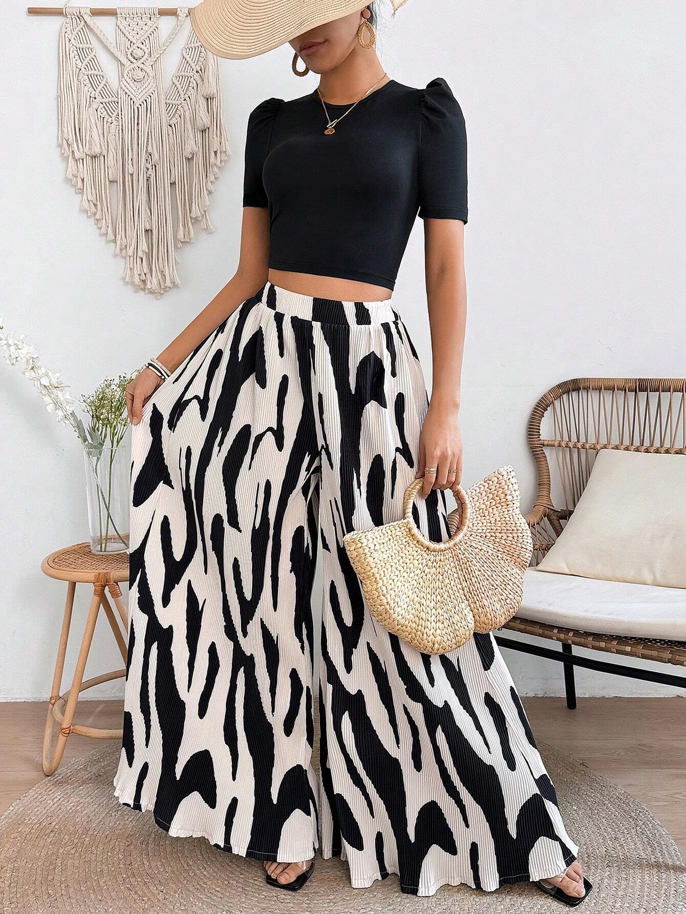 Ladies' Short Bubble Sleeve Crop Top And Full Printed Skirt Set shein