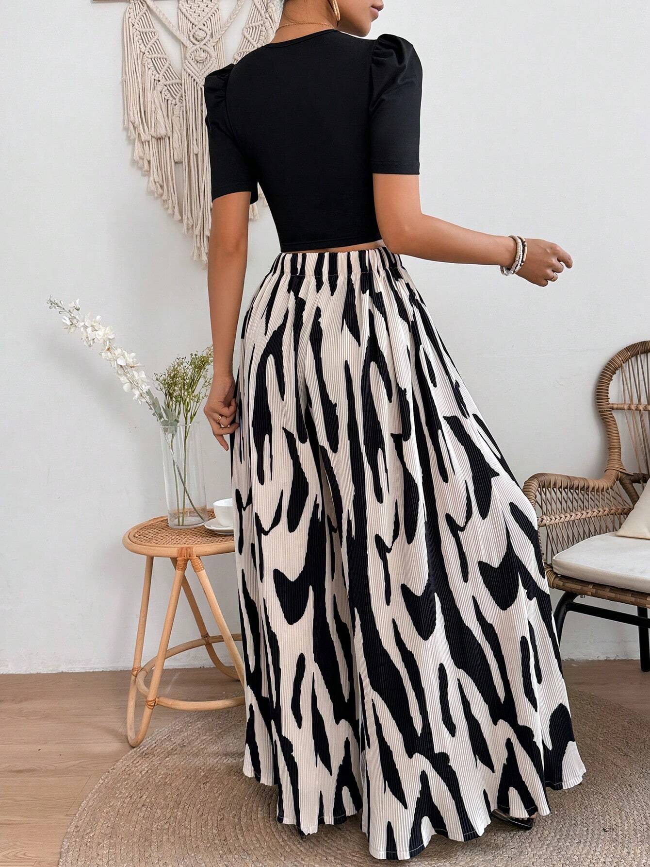 Ladies' Short Bubble Sleeve Crop Top And Full Printed Skirt Set shein