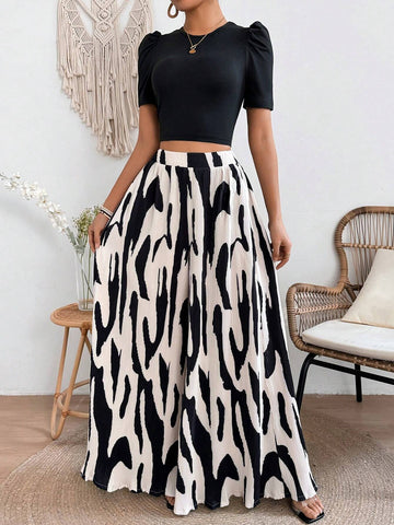 Ladies' Short Bubble Sleeve Crop Top And Full Printed Skirt Set shein