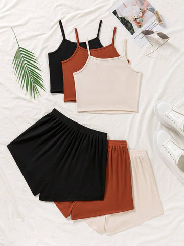 Ladies' Solid Color Cami Top And Shorts Set shein