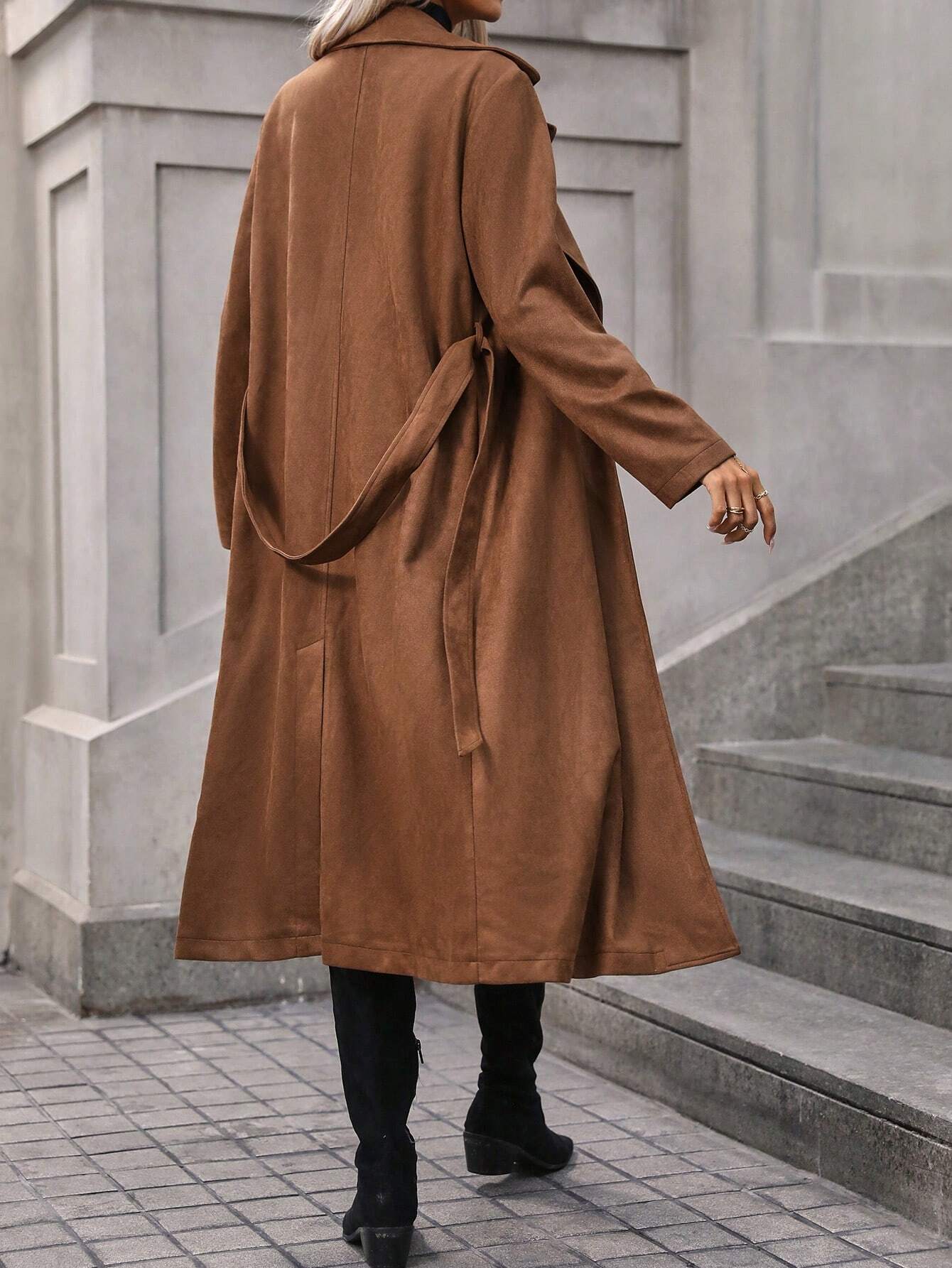 Lapel Neck Belted Coat shein