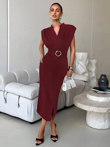 Women's Solid Color V-Neck Dolman Sleeve Fitted Midi Dress