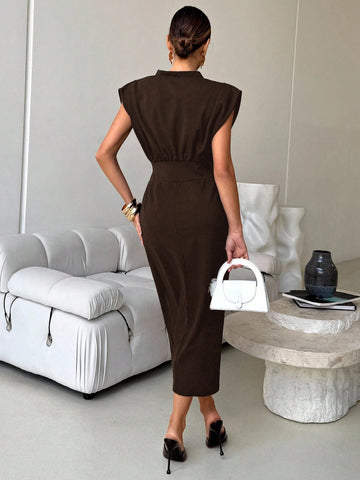 Women's Solid Color V-Neck Dolman Sleeve Fitted Midi Dress
