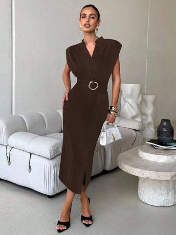 Women's Solid Color V-Neck Dolman Sleeve Fitted Midi Dress