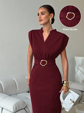 Women's Solid Color V-Neck Dolman Sleeve Fitted Midi Dress