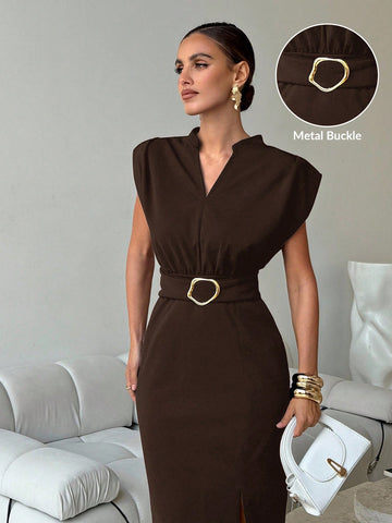 Women's Solid Color V-Neck Dolman Sleeve Fitted Midi Dress
