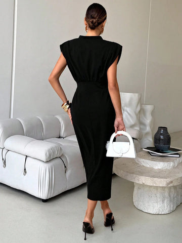 Women's Solid Color V-Neck Dolman Sleeve Fitted Midi Dress