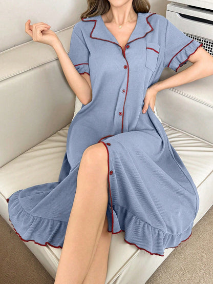 Contrast Color Lapel Single-Breasted Loose Casual Ruffle Trim Short Sleeve Lounge Dress