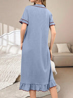 Contrast Color Lapel Single-Breasted Loose Casual Ruffle Trim Short Sleeve Lounge Dress shein