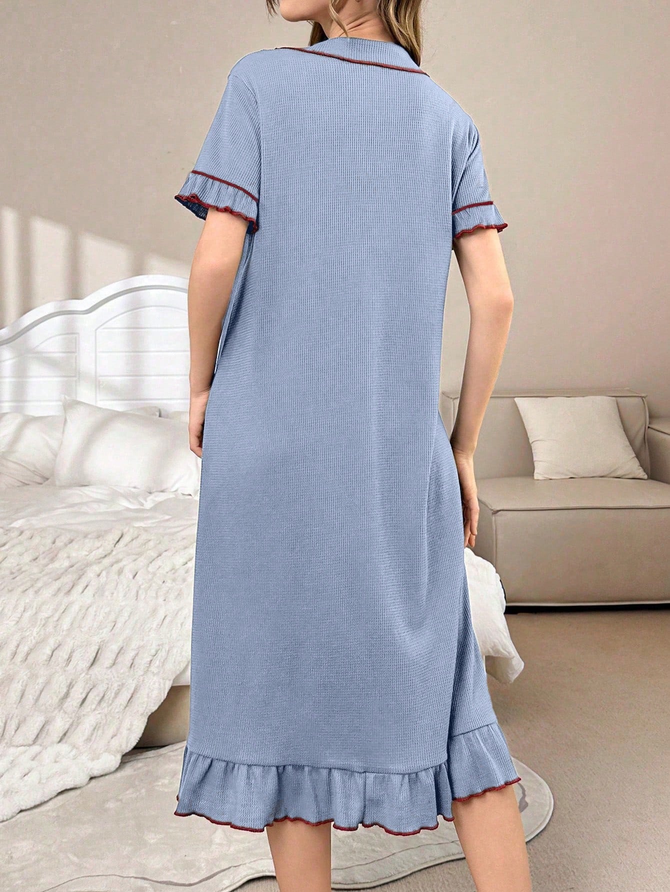 Contrast Color Lapel Single-Breasted Loose Casual Ruffle Trim Short Sleeve Lounge Dress