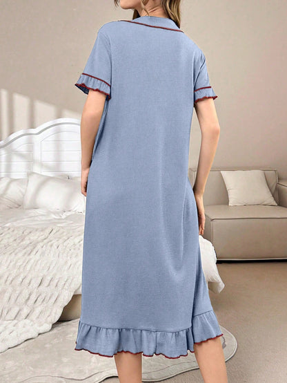 Contrast Color Lapel Single-Breasted Loose Casual Ruffle Trim Short Sleeve Lounge Dress