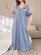 Contrast Color Lapel Single-Breasted Loose Casual Ruffle Trim Short Sleeve Lounge Dress shein