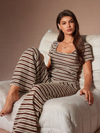 Comfortable & Fashionable Striped Crew Neck Short Sleeve Loungewear Set shein