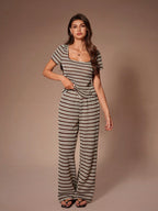 Comfortable & Fashionable Striped Crew Neck Short Sleeve Loungewear Set shein