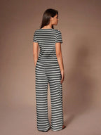 Comfortable & Fashionable Striped Crew Neck Short Sleeve Loungewear Set shein