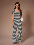 Comfortable & Fashionable Striped Crew Neck Short Sleeve Loungewear Set shein