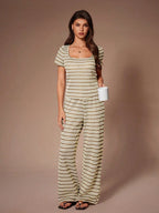 Comfortable & Fashionable Striped Crew Neck Short Sleeve Loungewear Set shein
