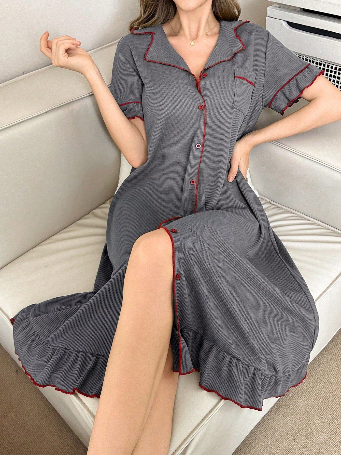 Contrast Color Lapel Single-Breasted Loose Casual Ruffle Trim Short Sleeve Lounge Dress